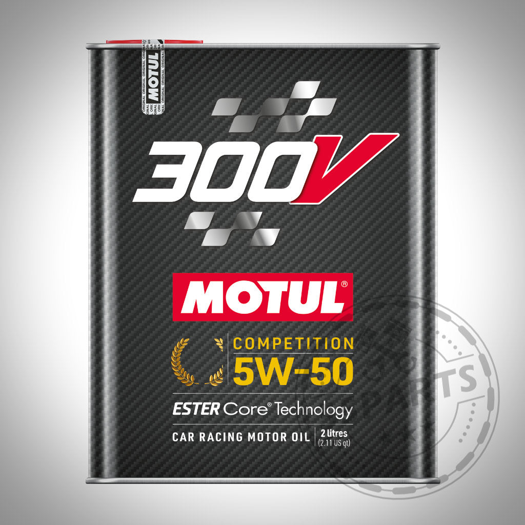Motul 300V 5W50 Motoröl, 2-Liter-Kanister mit Checkered Flag Design und rotem Logo. Empfohlene Viskosität: 5W50 für optimale Leistung. Marke: Motul.