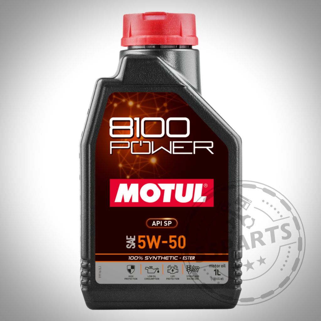 Motul 8100 POWER 5W50 Motoröl, 1-Liter-Flasche schwarz mit rotem Deckel, bietet optimale Viskosität und zuverlässige Leistung von Motul, auch bei hohen Öltemperaturen.