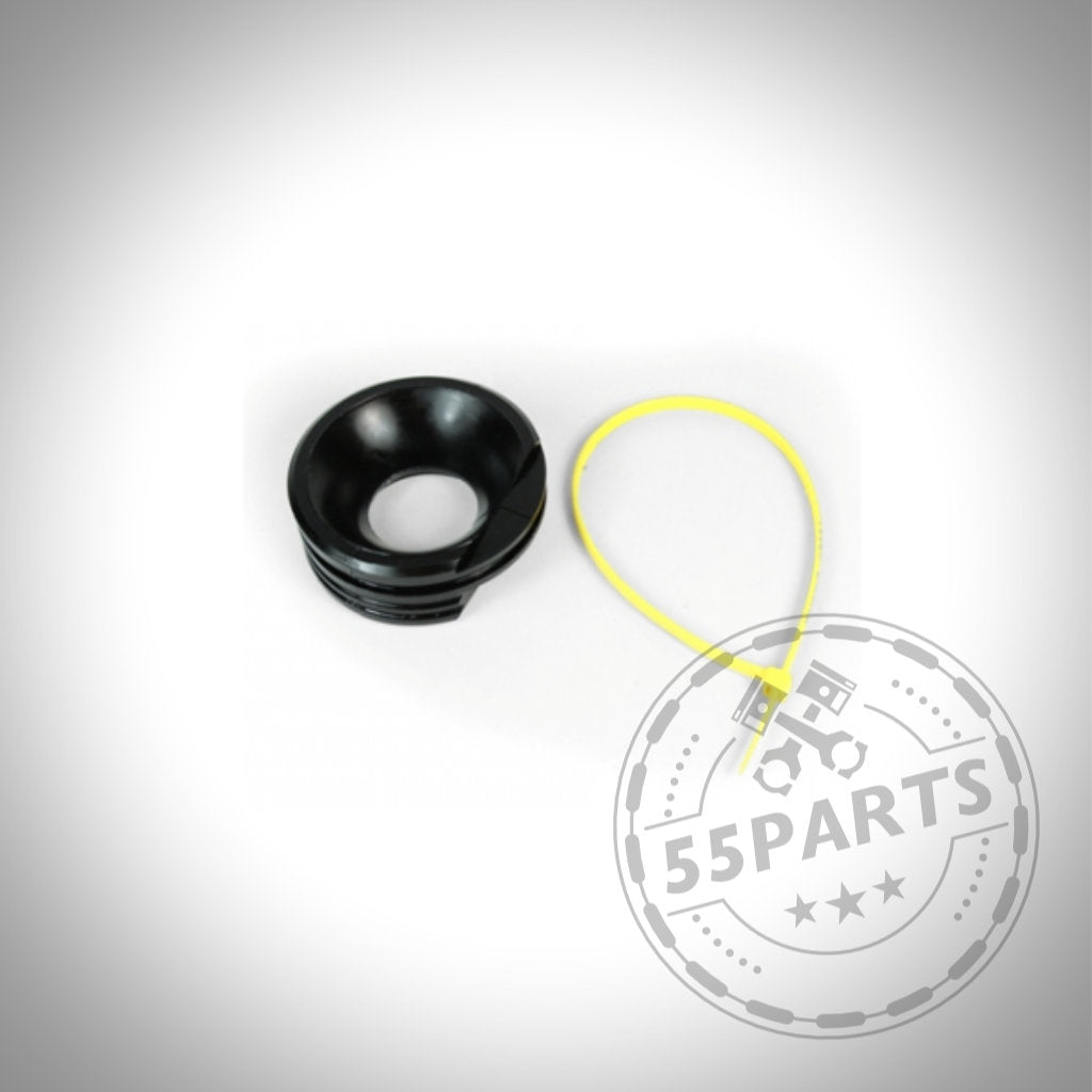 Schwarzer Kunststofftrichter mit gelbem Schlüsselband auf weißem Hintergrund und Powerflex-Logo. Perfekt für Toyota Yaris GR-Fans oder Tuning-Werkstätten. Kompatibel mit dem Powerflex PU-Buchseneinsatz für oberes Motorlager.