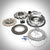 PTB Racing 55Parts Special Zweischeibenkupplung inkl. EMS passend für BMW M140i, M240i, 340i, 440i mit B58 Motor: Auf weißer Fläche sind Kupplungs-Schwungrad, Kupplungsscheiben und Schrauben angeordnet.