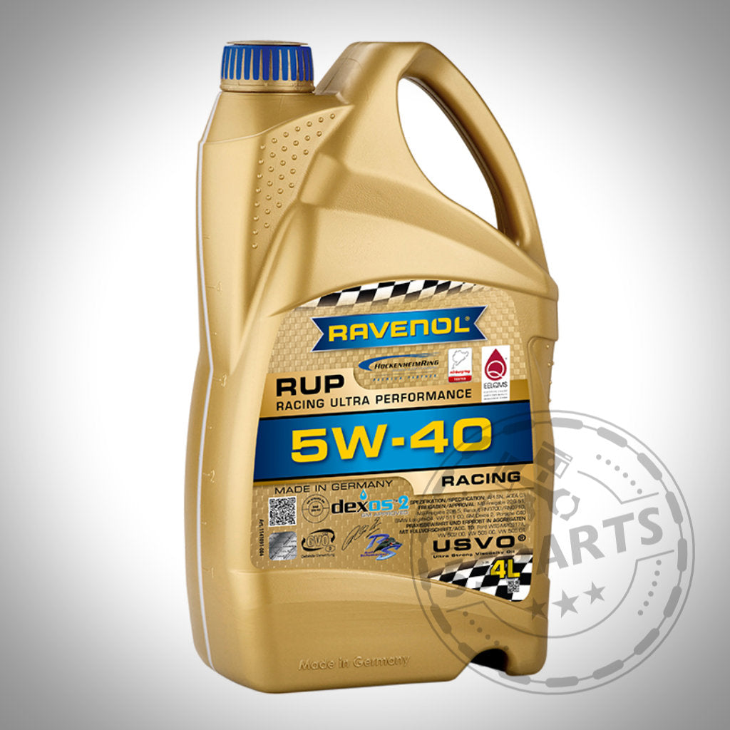 Ein goldenes 4L Ölwechsel-Set, passend für BMW N55, N54, B58 und S55 (E-, F- & G-Serie), ideal für den Ölwechsel bei Reihensechszylinder-Motoren. Mit blau-schwarzen Akzenten für Racing Ultra Performance.