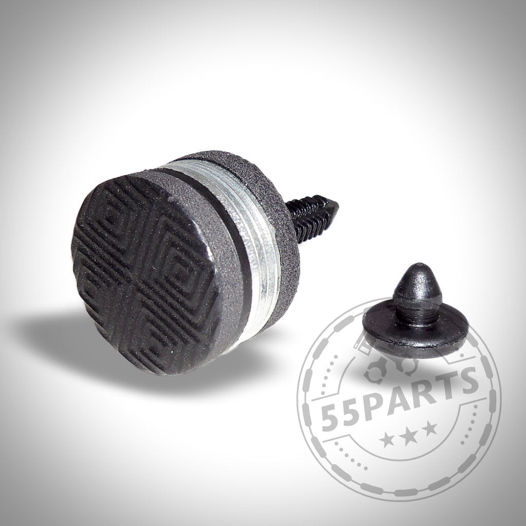 Zwei schwarze 55Parts Kupplungsanschläge (Ultimatives Kupplungspedal), einer flach und einer aufrecht, auf weißem Hintergrund mit 55Parts-Wasserzeichen. Passend passend für BMW/Mini-Kupplungspedale.