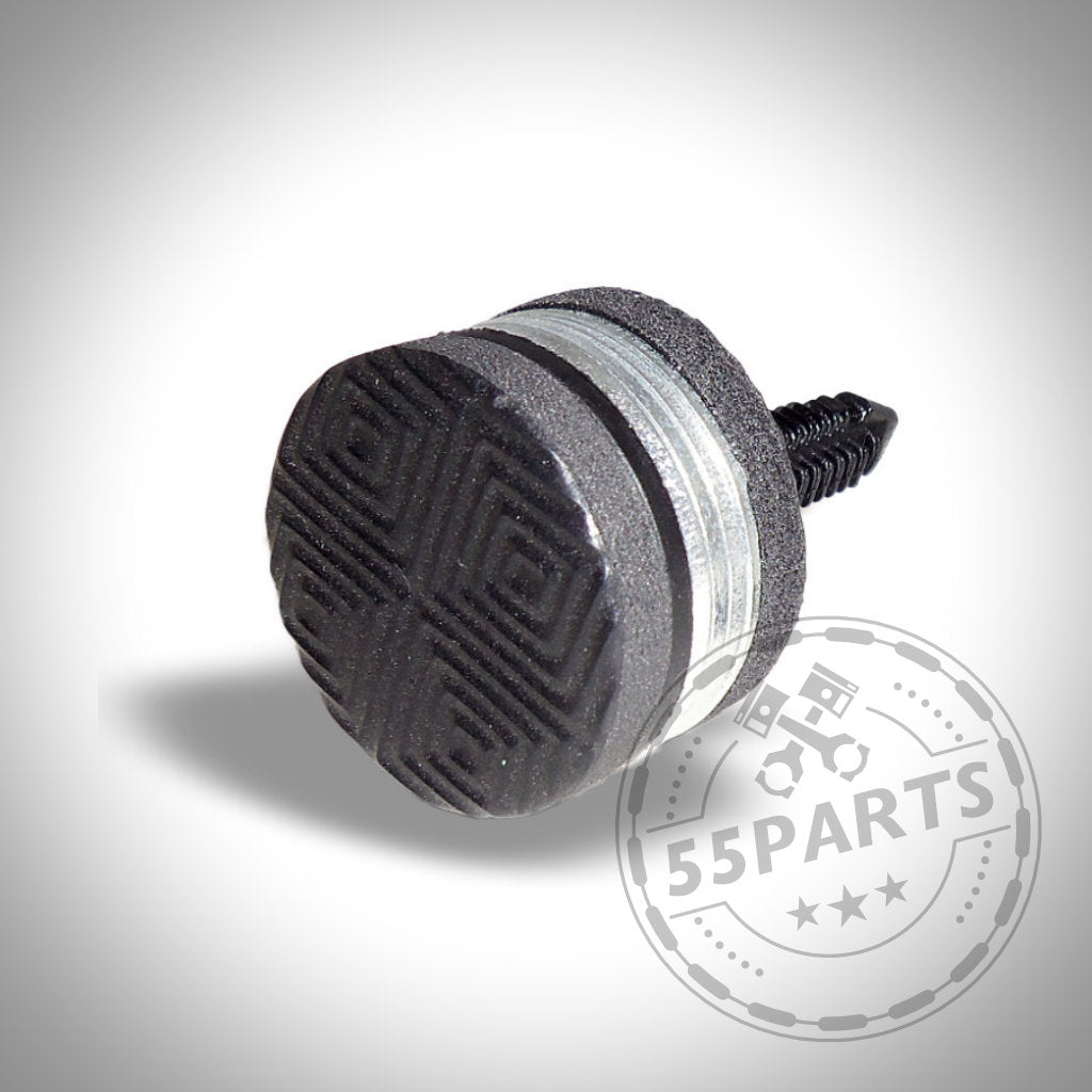 Zwei schwarze 55Parts Kupplungsanschläge (Ultimatives Kupplungspedal), einer flach und einer aufrecht, auf weißem Hintergrund mit 55Parts-Wasserzeichen. Passend passend für BMW/Mini-Kupplungspedale.