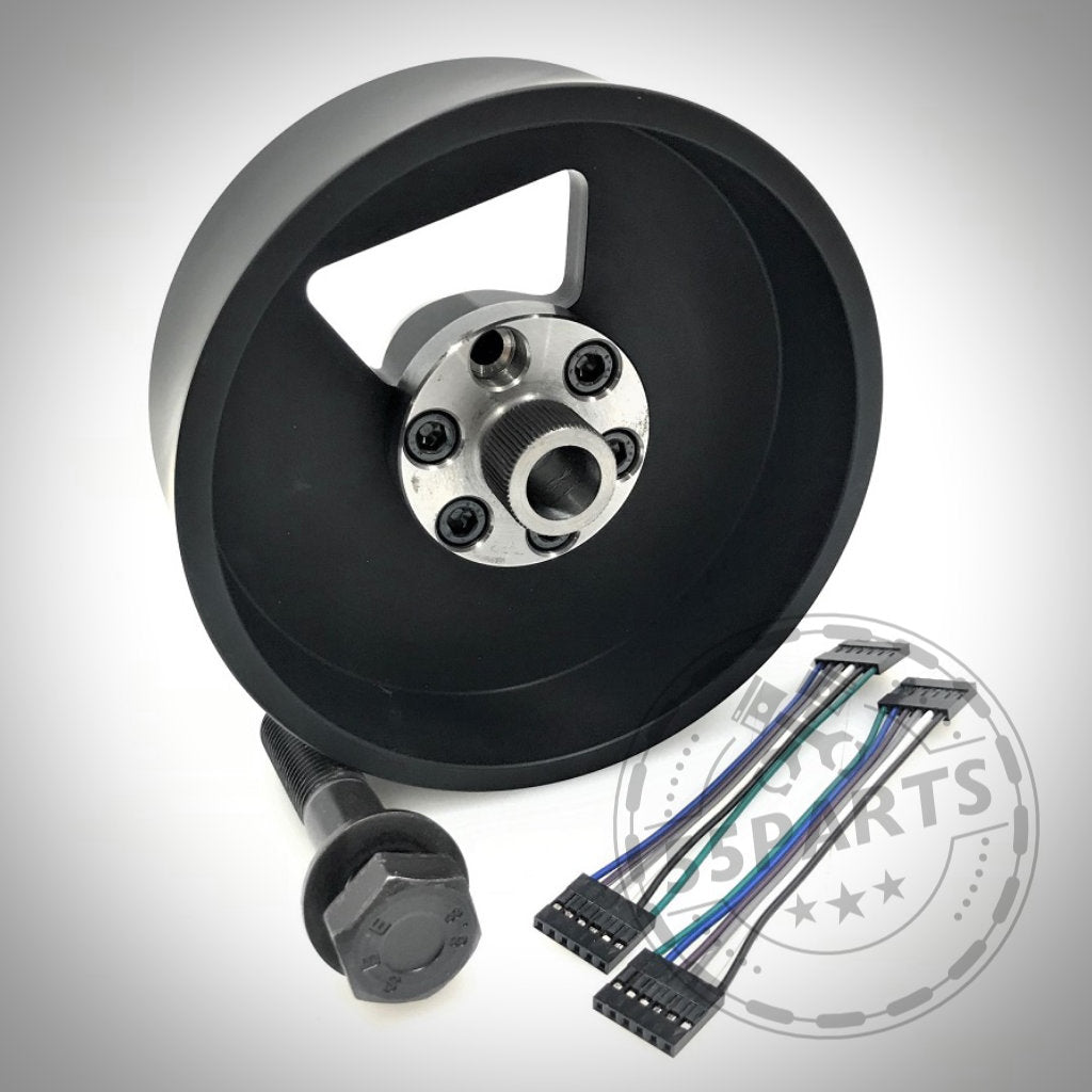 Schwarzes DDM Racing Srls-Raddistanzstück und drei kleine Kabelbäume auf weißem Hintergrund, passend für BMW E9X M3, alle Modelle der E9X 3er-Reihe und der E8X 1er-Reihe.