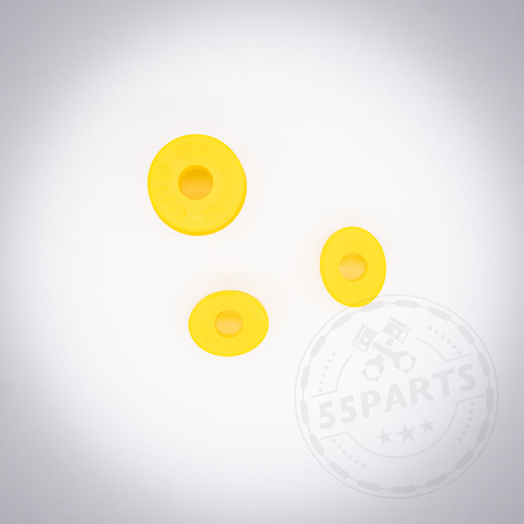 Drei gelbe PU-Polyurethan-Schalthebelbuchsen in verschiedenen Größen auf weißem Hintergrund mit verblasstem 55Parts-Logo. Ideal als Set passend für div. BMW Modelle zur Verbesserung der Schaltpräzision.