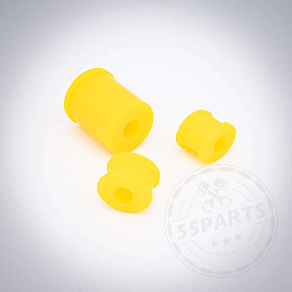 Drei gelbe PU-Polyurethan-Schalthebelbuchsen, passend für verschiedene BMW-Modelle, auf weißem Hintergrund mit dezentem Wasserzeichen, zur Verbesserung der Schaltpräzision.