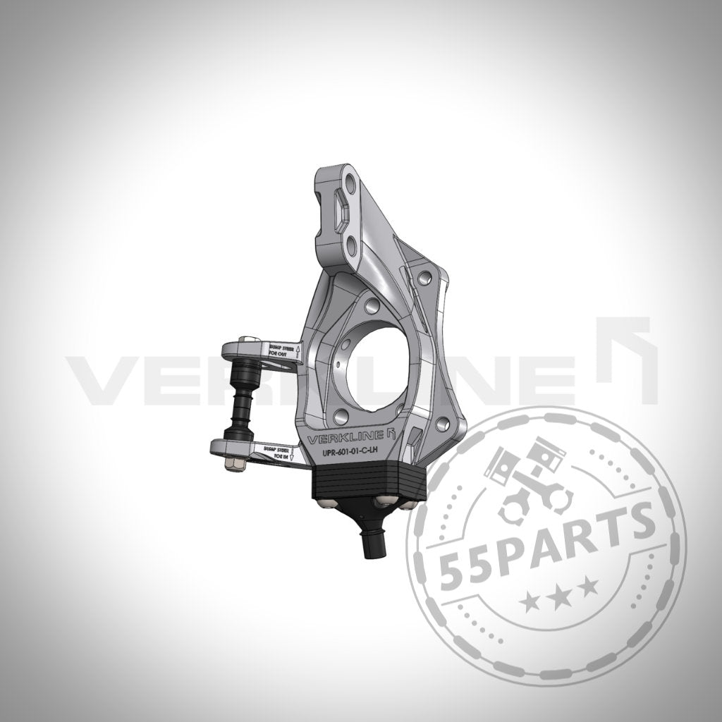 3D-Rendering des VERKLINE Gefräster Leichtbau Radträger vorne für Toyota Yaris GR, mit Schraubendetails und dem VERKLINE-Logo. Perfekt für Yaris GR-Fans oder Tuning-Shops, die Achskinematik-Lösungen hervorheben.