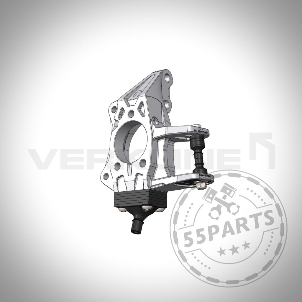 3D-Rendering des gefrästen Leichtbau-Radträgers vorne von VERKLINE für den Toyota Yaris GR. Es zeigt ein mechanisches Teil mit Befestigungslöchern und einer Verbindung, die mit dem VERKLINE-Logo versehen ist.