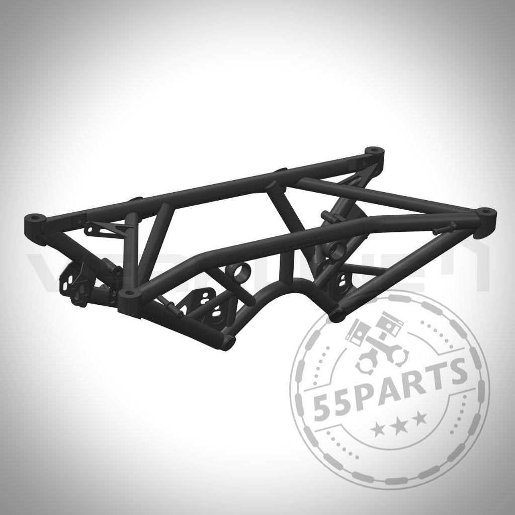 Schwarzer röhrenförmiger VERKLINE Leichtbau Achsträger Hinterachse, entworfen für Toyota Yaris GR, abgebildet auf weißem Hintergrund mit dem Wasserzeichen VERKLINE Achsrahmen Tuning Shop.