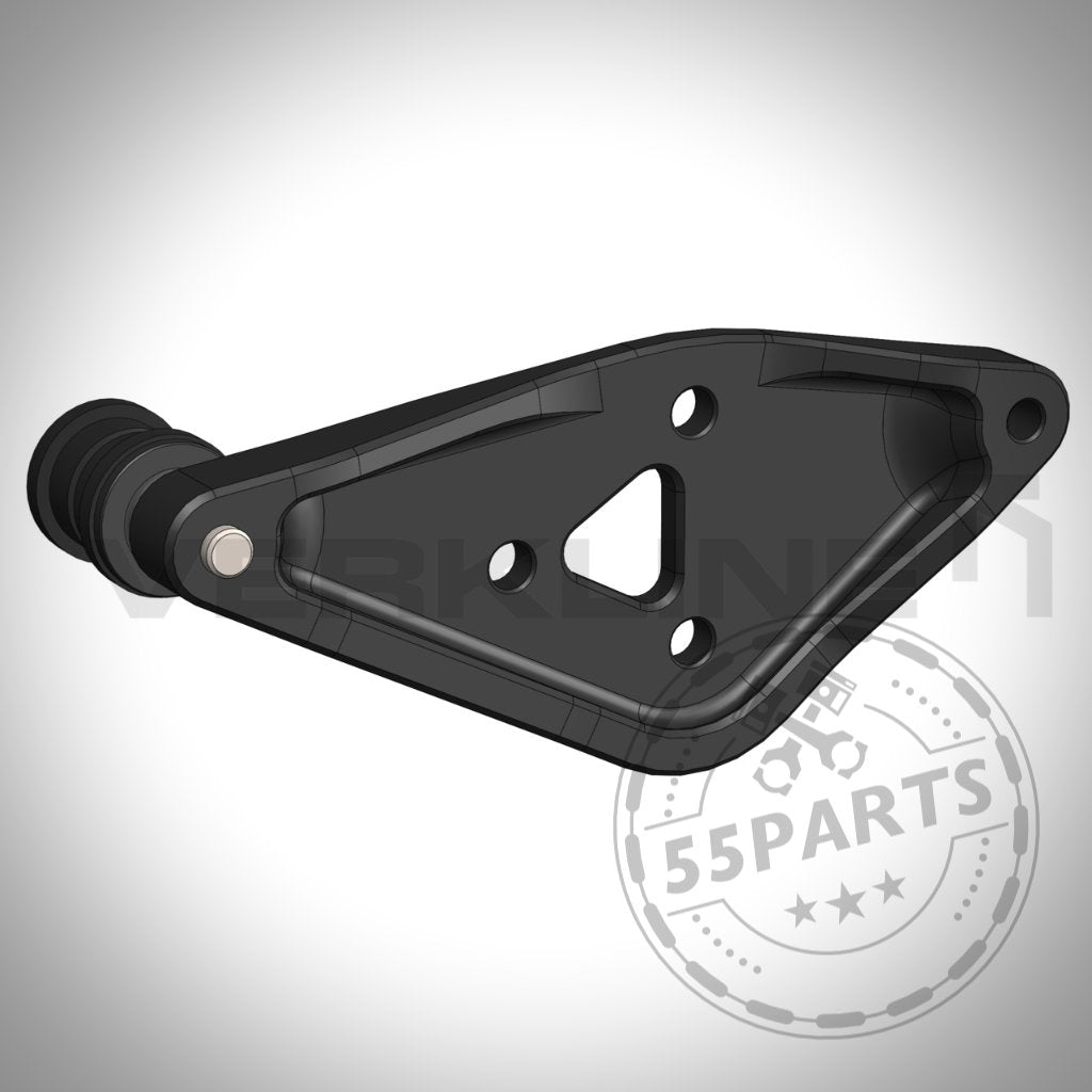 3D-Rendering des VERKLINE Hinterer Differentialträgers, einer schwarzen, dreieckigen Halterung mit drei Löchern und einer runden Halterung, entwickelt für den Toyota Yaris GR.