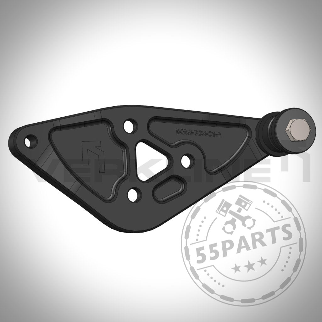 Schwarze Metallhalterung mit Bolzen, VERKLINE WA-803-01-A, für VERKLINE Hinterer Differentialträger passend für Toyota Yaris GR, angezeigt auf weißem Hintergrund mit 55Parts-Logo.