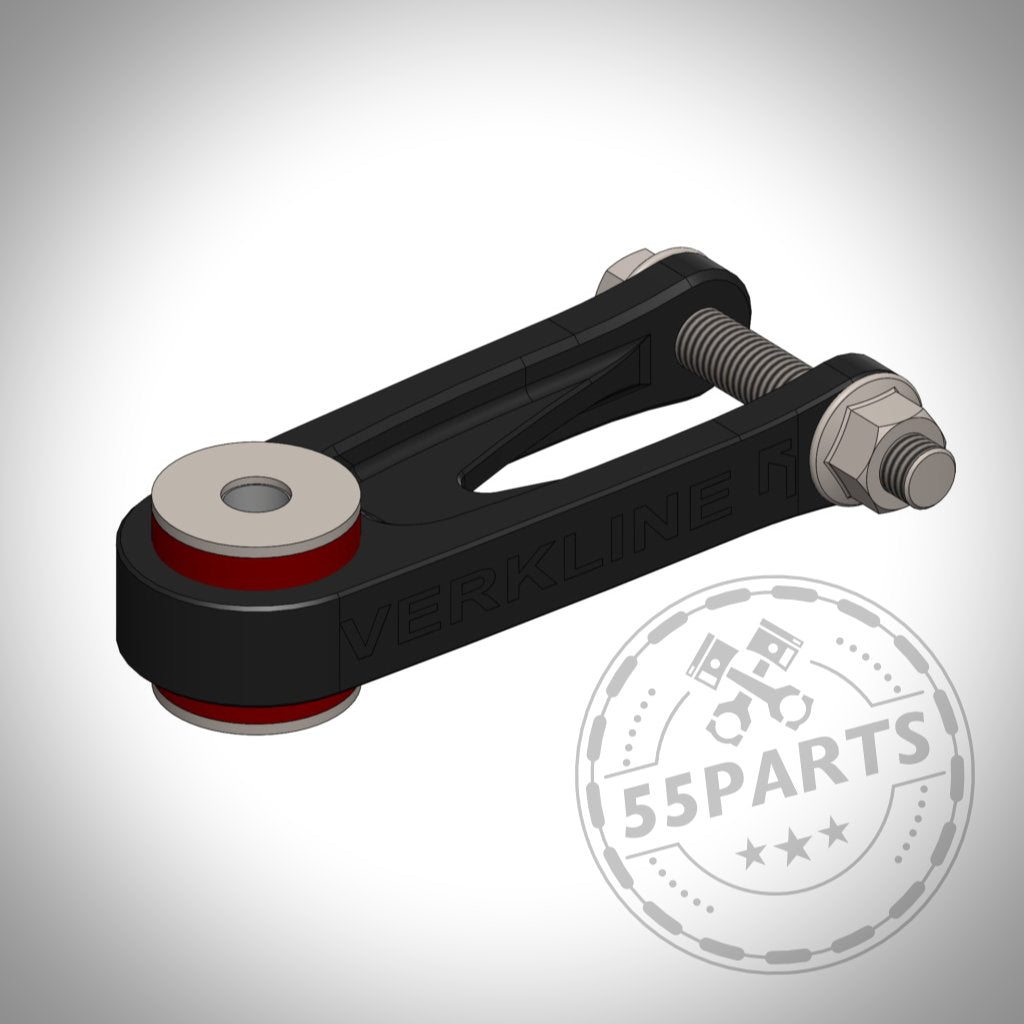 3D-Rendering der VERKLINE Drehmomentstütze für Toyota Yaris GR – ein schwarzes Aufhängungsteil mit roten Buchsen und Metallschrauben von VERKLINE – ideal für die Anzeige im Tuningshop.