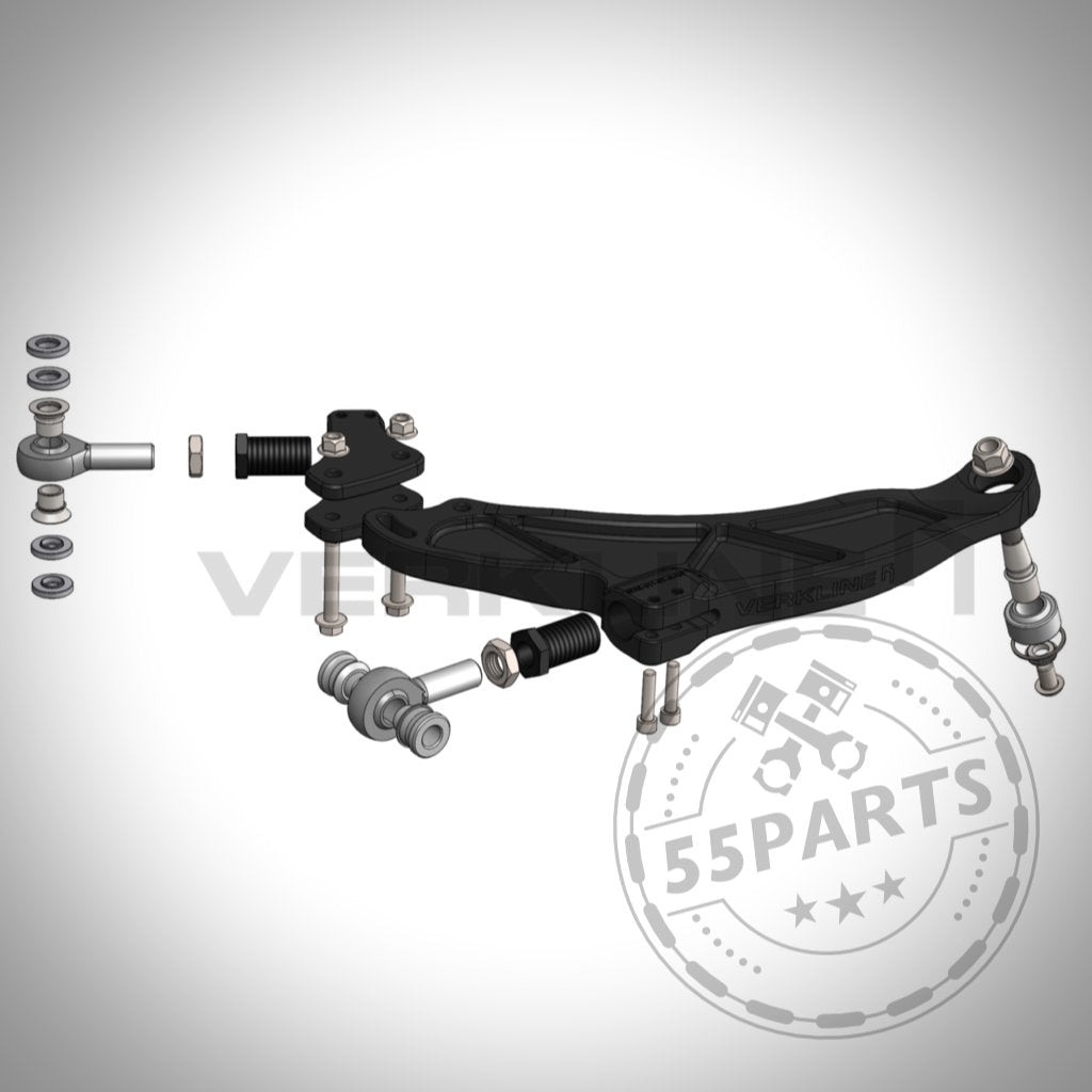 3D-gerendertes VERKLINE Unterer Dreieckslenker vorne verstellbar mit Uniballgelenken für Toyota Yaris GR auf weißem Hintergrund – ideal für Tuning-Fans und Yaris GR Performance-Upgrades.