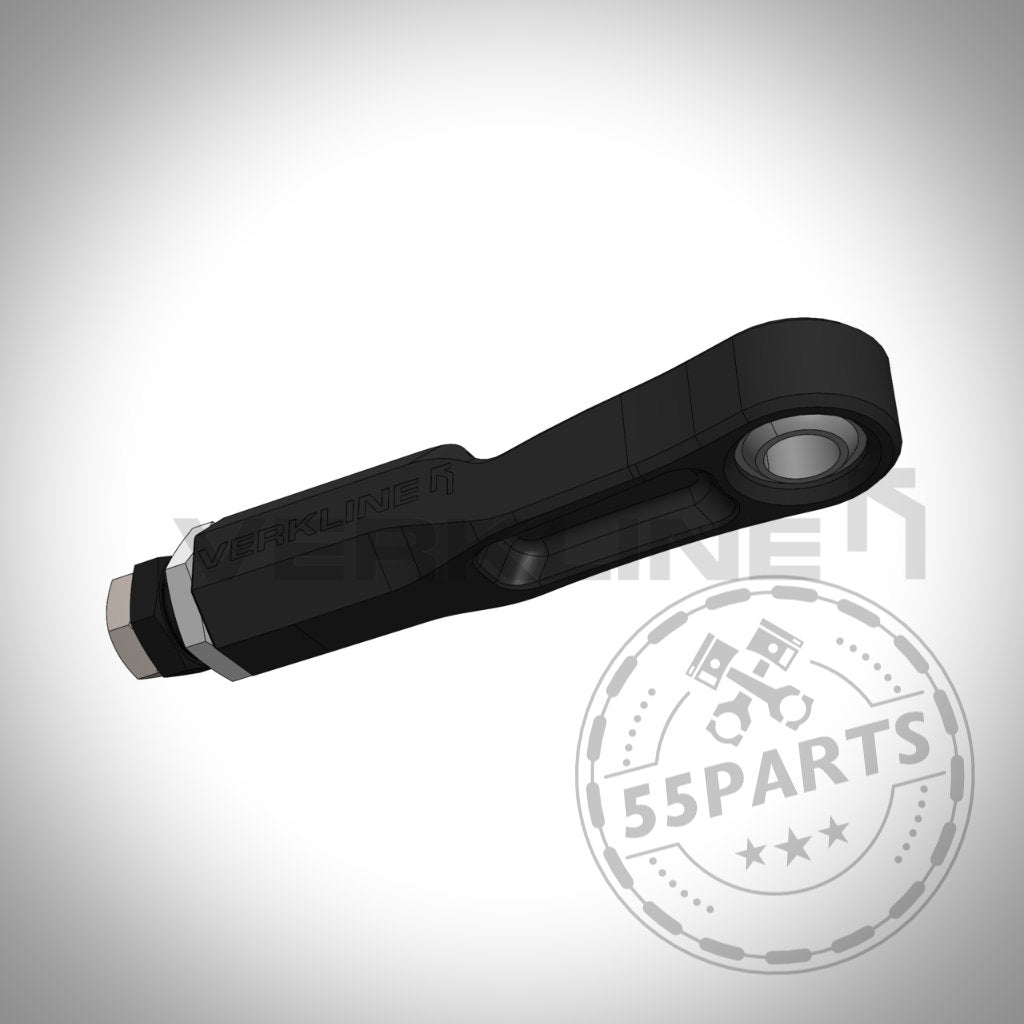 3D-Rendering von VERKLINE verstellbaren Spurstangenköpfen mit Uniball Gelenk für Toyota Yaris GR in Schwarz, mit einem 55Parts-Logo-Wasserzeichen. Perfekt für Tuning-Shop-Fans, die Premium-Fahrwerks-Upgrades suchen.