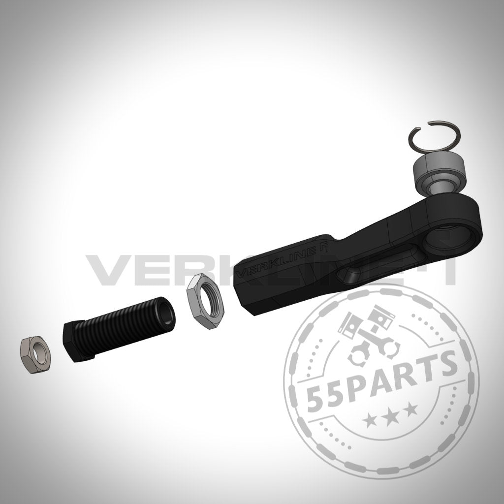 Explosionszeichnung der VERKLINE verstellbaren Spurstangenköpfe mit Uniball Gelenk für Toyota Yaris GR, mit Schrauben, Muttern und kreisförmigem Clip – ideal für die Ausstellung in Tuning-Shops.