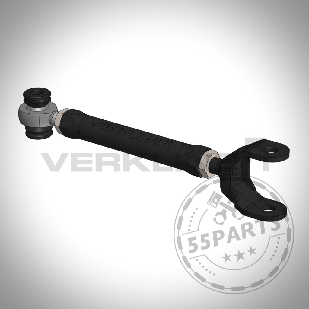 Der verstellbare Uniball (Spur)Lenker von VERKLINE für den Toyota Yaris GR verfügt über ein schwarzes verstellbares Design mit Metallgelenken und langlebigem 7075-Aluminium, dargestellt auf einem weißen Farbverlauf – ideal für Yaris GR-Fans und Tuning-Upgrades.