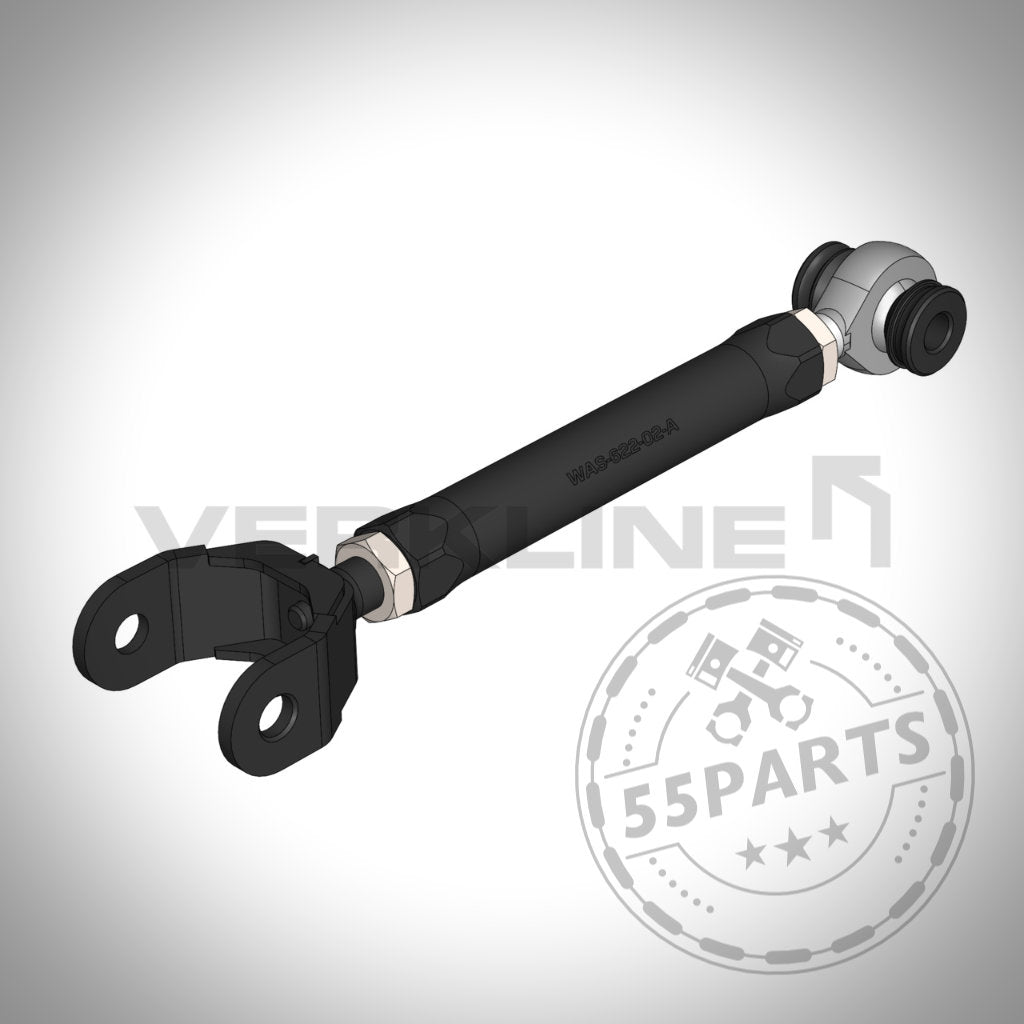 Der verstellbare Uniball (Spur)Lenker von VERKLINE für den Toyota Yaris GR verfügt über ein schwarzes verstellbares Design mit Metallgelenken und langlebigem 7075-Aluminium, dargestellt auf einem weißen Farbverlauf – ideal für Yaris GR-Fans und Tuning-Upgrades.