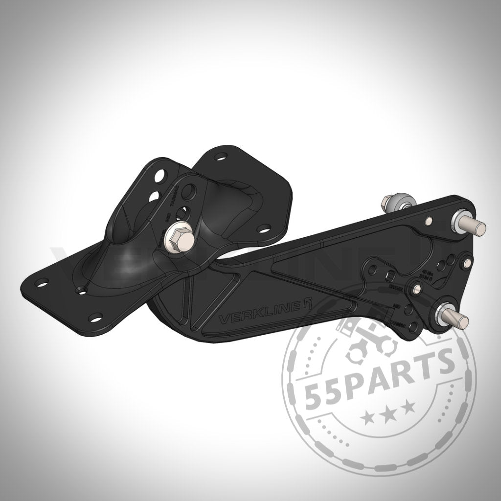 3D-Rendering eines VERKLINE Hinterer einstellbarer Längslenker für Toyota Yaris GR, aus schwarzem Metall mit Schrauben und „VERKLINE“-Gravur – ideal für Upgrades durch Tuning-Shops oder Rallye-Ableger-Spezialisten.